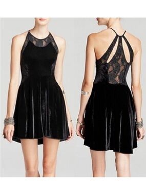 Free People Nightshade Velvet Lace Strappy Halter Skater Dress Black Size Medium